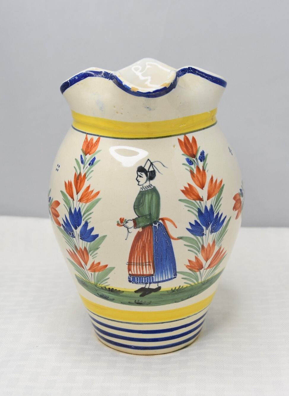 Antique 19c. Hand Painted France Henriot Quimper Faience Pottery Pitcher Jug